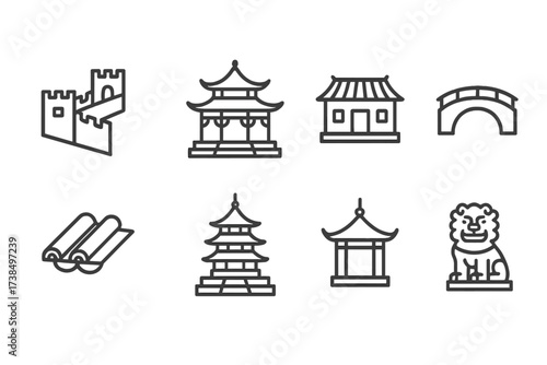 Chinese Architecture Icons. Outline icon set of Chinese architecture: Great Wall, temple, traditional house, bridge, roof tile, pagoda, garden pavilion, stone
