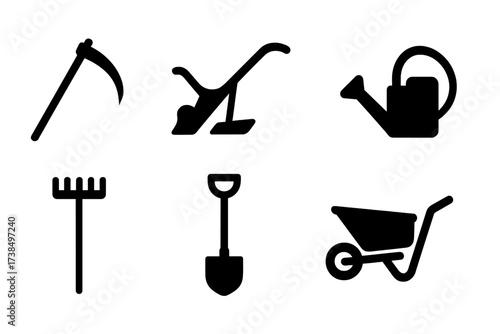 Traditional Farming Tools. Solid, filled icon set of traditional farming tools: scythe, plow, sickle, watering can, rake, shovel, wheelbarrow, axe. Solid,