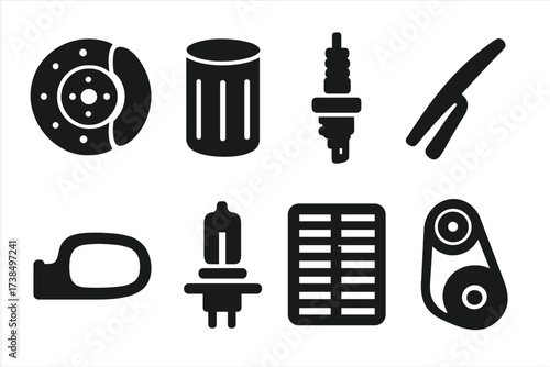 Vehicle Parts Icon Set. Solid, filled icon set of vehicle part replacements: brake disc, oil filter, spark plug, windshield wiper, side mirror, headlight bulb,