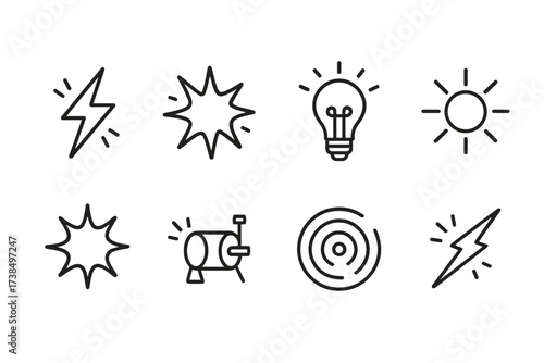 Icon Grid Display. Outline icon set of energy spark: electric flash, power surge, light bulb spark, solar flare, energy burst, dynamo, shockwave, spark trail.