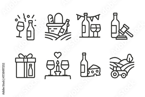 Wine Celebration Icons. Outline icon set of wine celebrations: wine party, vineyard picnic, wine festival, wine auction, wine gift box, romantic wine dinner,