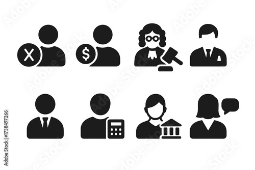 Bankruptcy Participants Icons. Solid, filled icon set of bankruptcy participants: debtor, creditor, judge, lawyer, trustee, accountant, court clerk, mediator.
