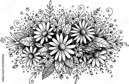 Intricate floral arrangement with daisy-like flowers, swirling leaves, and buds in black and white for tattoo, decor, and design themes