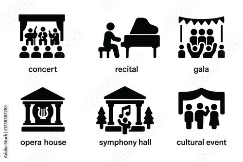 Orchestra Icons Set. Solid, filled icon set of orchestra events and venues: concert, recital, gala, festival, opera house, symphony hall, open air stage,