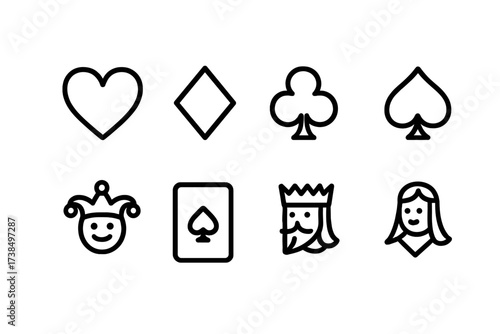 Card Suit Icons. Outline icon set of card suits: hearts, diamonds, clubs, spades, joker, ace, king, queen. Line icons in only black color, consistent stroke