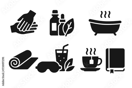 Wellness Icons Collection. Solid, filled icon set of wellness routines: massage hands, essential oils, bath tub, herbal tea, yoga mat, sleep mask, green