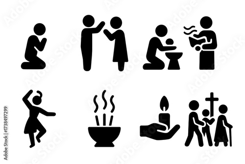 Ceremonial Actions Icons. Solid, filled icon set of ceremonial actions: prayer, blessing, offering, chanting, dancing, burning incense, lighting candle,