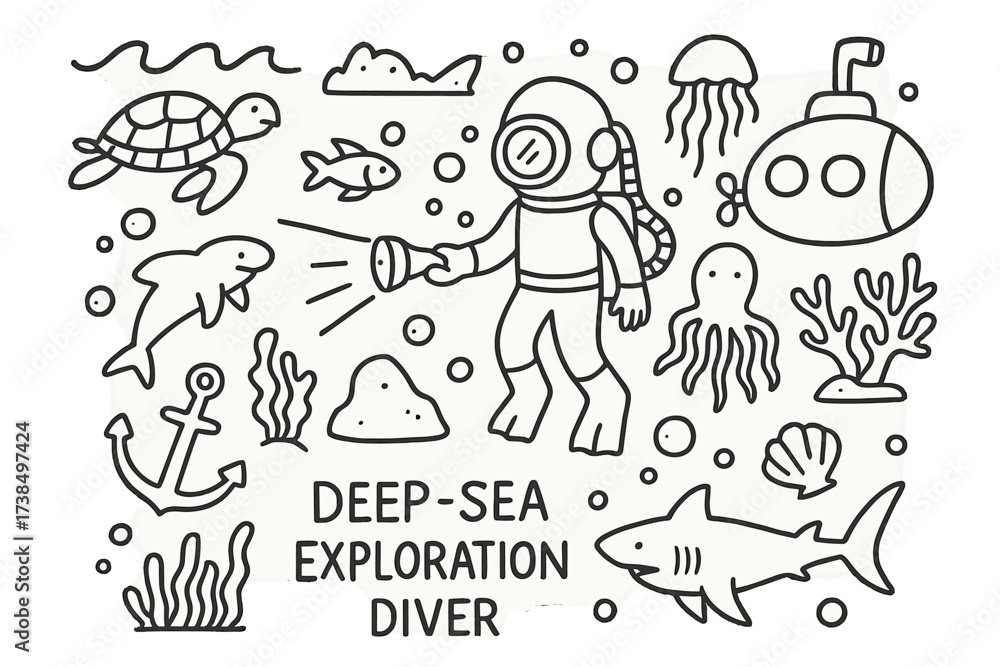 Naklejka premium Deep Sea Doodle. Hand-drawn doodle illustration Deep sea exploration diver, turtle, fish, submarine, flashlight, jellyfish, octopus, anchor, rock, seaweed,