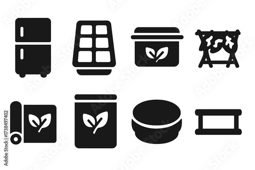 Mint Storage Icons. Solid, filled icon set of mint preservation and storage: refrigerator, ice cube tray, airtight container, drying rack, plastic wrap,