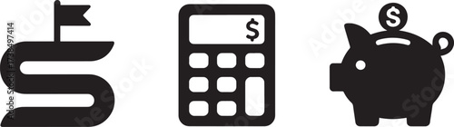 Road to Goal Calculator Piggy Bank Saving Icon Set