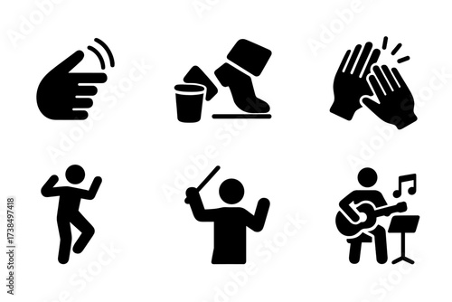 Rhythm Icon Set. Solid, filled icon set of rhythm activities: tapping fingers, foot stomping, hand drumming, clapping hands, dance moves, baton conducting,
