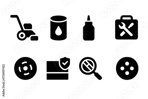 Ballroom Floor Tools. Solid, filled icon set of ballroom floor maintenance: sanding machine, wax, sealant, repair kit, buffing pad, protective coating, floor