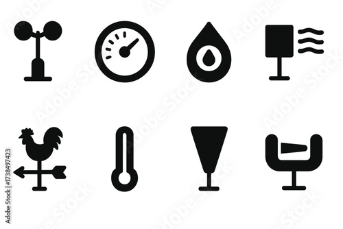 Fog Instruments Icons. Solid, filled icon set of fog instruments: anemometer, barometer, hygrometer, fog detector, weather vane, thermometer, rain gauge,