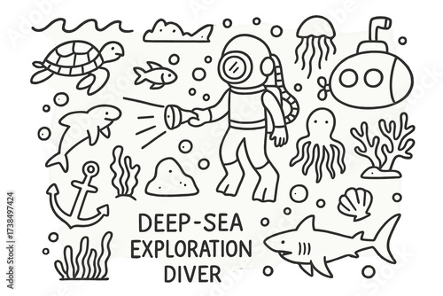 Deep Sea Doodle. Hand-drawn doodle illustration Deep sea exploration diver, turtle, fish, submarine, flashlight, jellyfish, octopus, anchor, rock, seaweed,