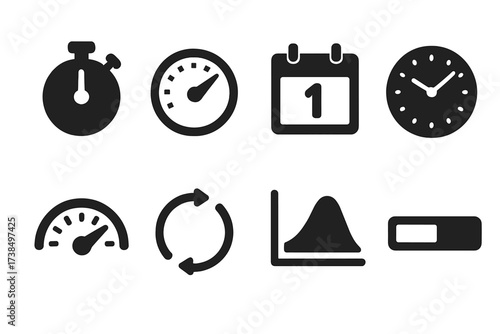 Lifespan Measurement Icons. Solid, filled icon set of lifespan measurement: stopwatch, timer dial, calendar pages, clock face, meter gauge, lifecycle arrows,