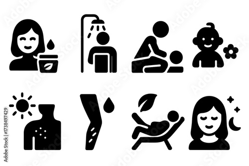 Cocoa Butter Icons. Solid, filled icon set of cocoa butter usage occasions: daily skincare, post-shower, massage therapy, baby care, sunburn relief, dry skin