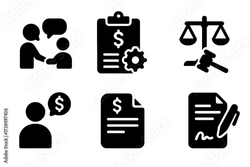 Financial Recovery Icons. Solid, filled icon set of default recovery: negotiation, repayment plan, loan restructuring, legal aid, financial counseling, new