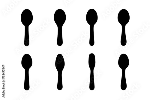 Spoon Material Icons. Solid, filled icon set of spoon materials: metal spoon, wooden spoon, plastic spoon, ceramic spoon, silicone spoon, bamboo spoon,