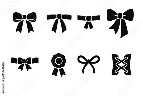 Fashion Ribbon Icons. Solid, filled icon set of fashion ribbons: hair ribbon, waist sash, ribbon choker, shoulder bow, dress trim, ribbon brooch, shoelace bow,