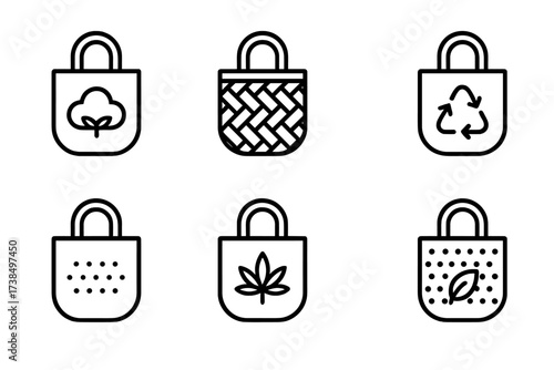 Reusable Bag Materials Icons. Outline icon set of reusable bag materials: cotton fabric, jute fiber, nylon weave, recycled plastic, canvas texture, hemp cloth,