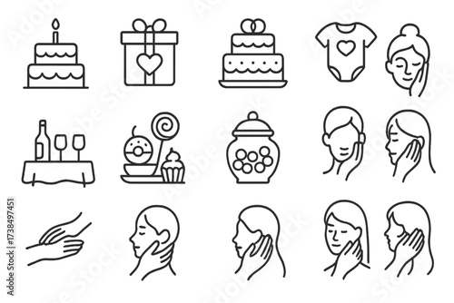 Sweet Moments Icons. Outline icon set of sweet occasions: birthday cake, Valentine's gift, wedding cake, baby shower, anniversary, dessert table, candy jar,