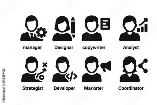 Campaign Roles Icons. Solid, filled icon set of campaign roles: manager, designer, copywriter, analyst, strategist, developer, marketer, coordinator. [Line