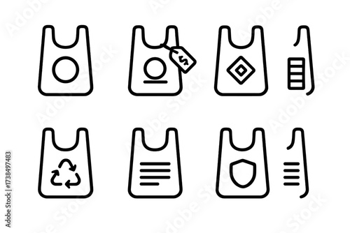 Reusable Bag Icons. Outline icon set of reusable bag marketing and branding: printed logo, price tag, promotional sticker, custom design, slogan print, color