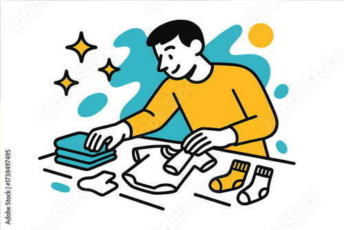 Gentle Folding Care. Folding baby clothes. A parent gently folding tiny shirts and socks on a table, soft sparkles floating around symbolizing care and love.