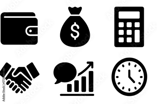 Salary Negotiation Icons. Solid, filled icon set of salary negotiation: wallet, money bag, contract, calculator, handshake, speech bubbles, bar chart, clock.