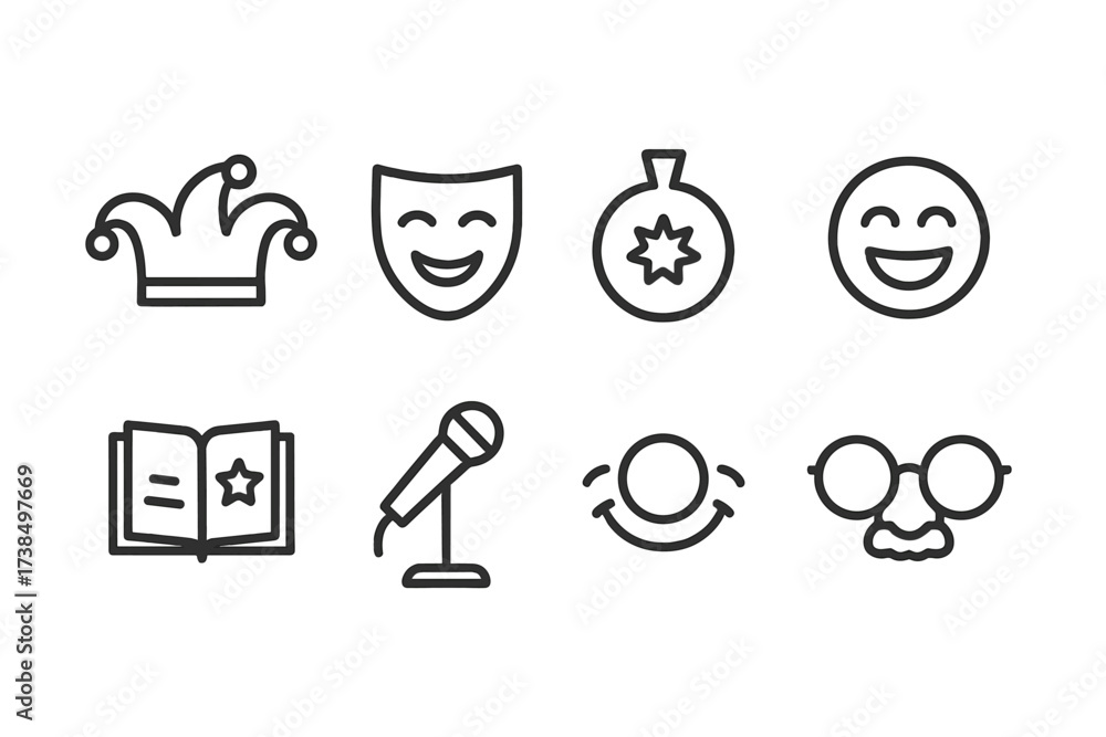 Comedy Icons Ensemble. Outline icon set of comedy and humor: jester hat, comedy mask, whoopee cushion, laughing emoji, joke book, microphone stand, clown nose,