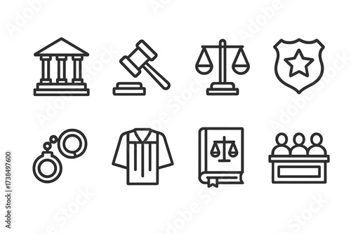 Law Icon Set. Outline icon set of law and order: courthouse, gavel, scales, police badge, handcuffs, judge robe, legal book, jury. Line icons in only black