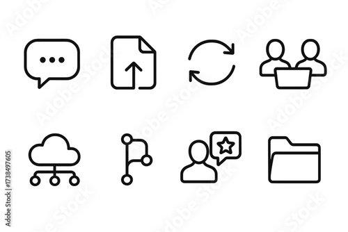 Sound Collaboration Icons. Outline icon set of sound pack collaboration: chat bubble, file sharing, sync icon, joint session, cloud collaboration, version