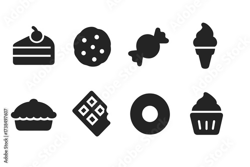 Black Dessert Icons. Solid, filled icon set of sugar desserts: cake, cookie, candy, ice cream, pie, chocolate, donut, cupcake. Solid, filled icons in only