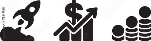 Rocket Launch Business Growth Chart Money Stack Icon Set