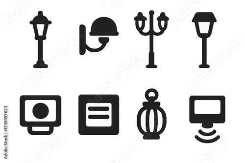 Outdoor Lighting Icons. Solid, filled icon set of outdoor lighting: garden lamp, wall-mounted light, streetlight, solar lamp, floodlight, step light, patio