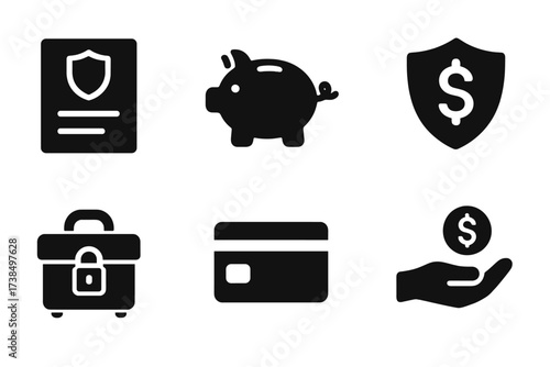 Financial Protection Icons. Solid, filled icon set of financial protection: insurance policy, piggy bank, safe, shield with dollar sign, lockbox, credit card,