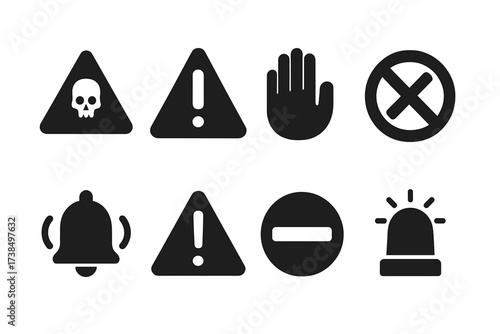 Black Warning Icon Set. Solid, filled icon set of threshold warning signs: danger sign, exclamation mark, stop hand, crossed circle, alert bell, hazard