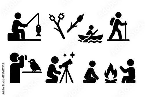 Camp Activity Icons. Solid, filled icon set of camp activities: fishing, roasting marshmallows, hiking, kayaking, bird watching, stargazing, cooking,