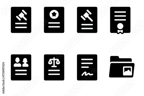 Legal Icon Set. Solid, filled icon set of lawsuit documentation: complaint, summons, motion, affidavit, deposition, court order, contract, evidence folder.