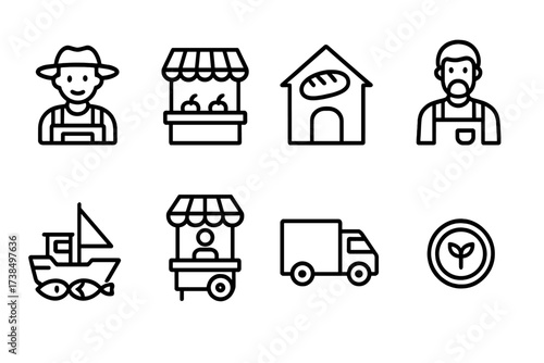 Local Economy Icons. Outline icon set of local economy: farmer, market stall, bakery, local craftsman, fishing boat, street vendor, delivery truck, local