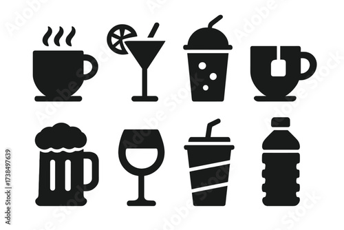 Black Beverage Icons. Solid, filled icon set of vibes beverages: coffee, cocktail, smoothie, tea, beer, wine, soda, water bottle. Solid, filled icons in only