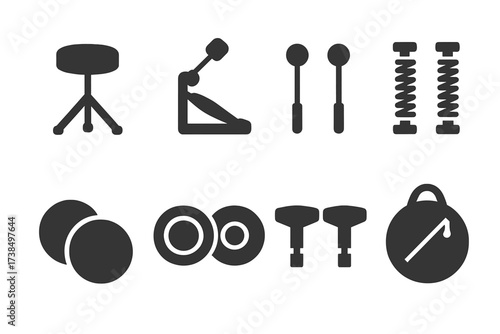 Tom-Tom Accessory Icons. Solid, filled icon set of tom-tom playing accessories: drum throne, foot pedal, beaters, pedal springs, practice pads, mufflers,
