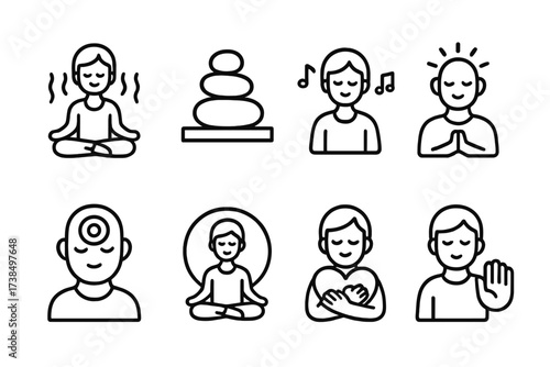 Zen and Garden Icons. Outline icon set of zen emotions and states: tranquility, balance, harmony, clarity, focus, serenity, compassion, acceptance. Line icons