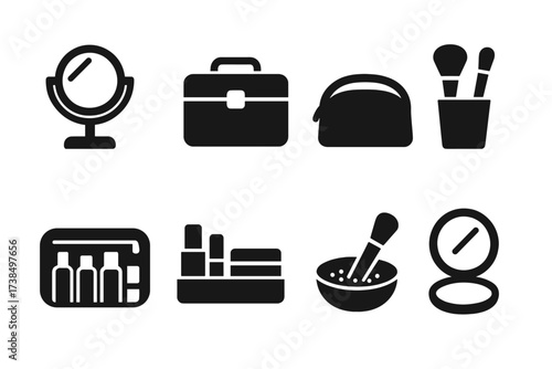 Makeup Accessories Icons. Solid, filled icon set of makeup accessories: vanity mirror, makeup case, cosmetic bag, brush holder, travel kit, makeup organizer,