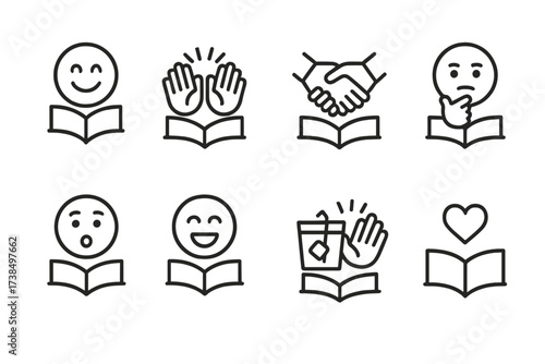 Icon Sets_ Emotions & Cuisine. Outline icon set of book club emotions: smile, applause, handshake, thinking, surprise, laughter, applause, heart. Line icons in