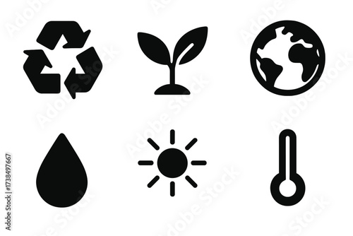 Compost Icons Grid. Solid, filled icon set of composting symbols: recycle arrows, leaf, plant sprout, earth, water droplet, sun, thermometer, clock. [Line