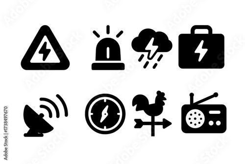 Weather Alert Icons. Solid, filled icon set of storm warnings: warning triangle, siren, storm alert, emergency kit, weather radar, barometer, weather vane,