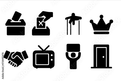 Political Corruption Icons. Solid, filled icon set of political corruption: ballot box, rigged election, puppet strings, crown, corrupt handshake, media