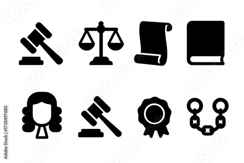 Court Justice Icons. Solid, filled icon set of court justice: gavel, scales of justice, scroll, law book, judge?s wig, court hammer, wax seal, prisoner chains.