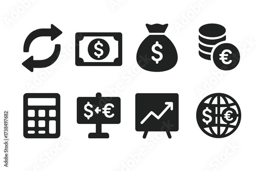 Currency Exchange Icons. Solid, filled icon set of currency exchange: exchange arrows, currency notes, coins stack, money bag, currency calculator, foreign